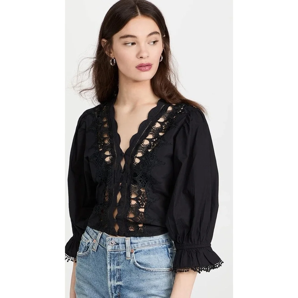 Free People Louella Black Lace‎ and Embroidered Button Front Cotton Top Medium